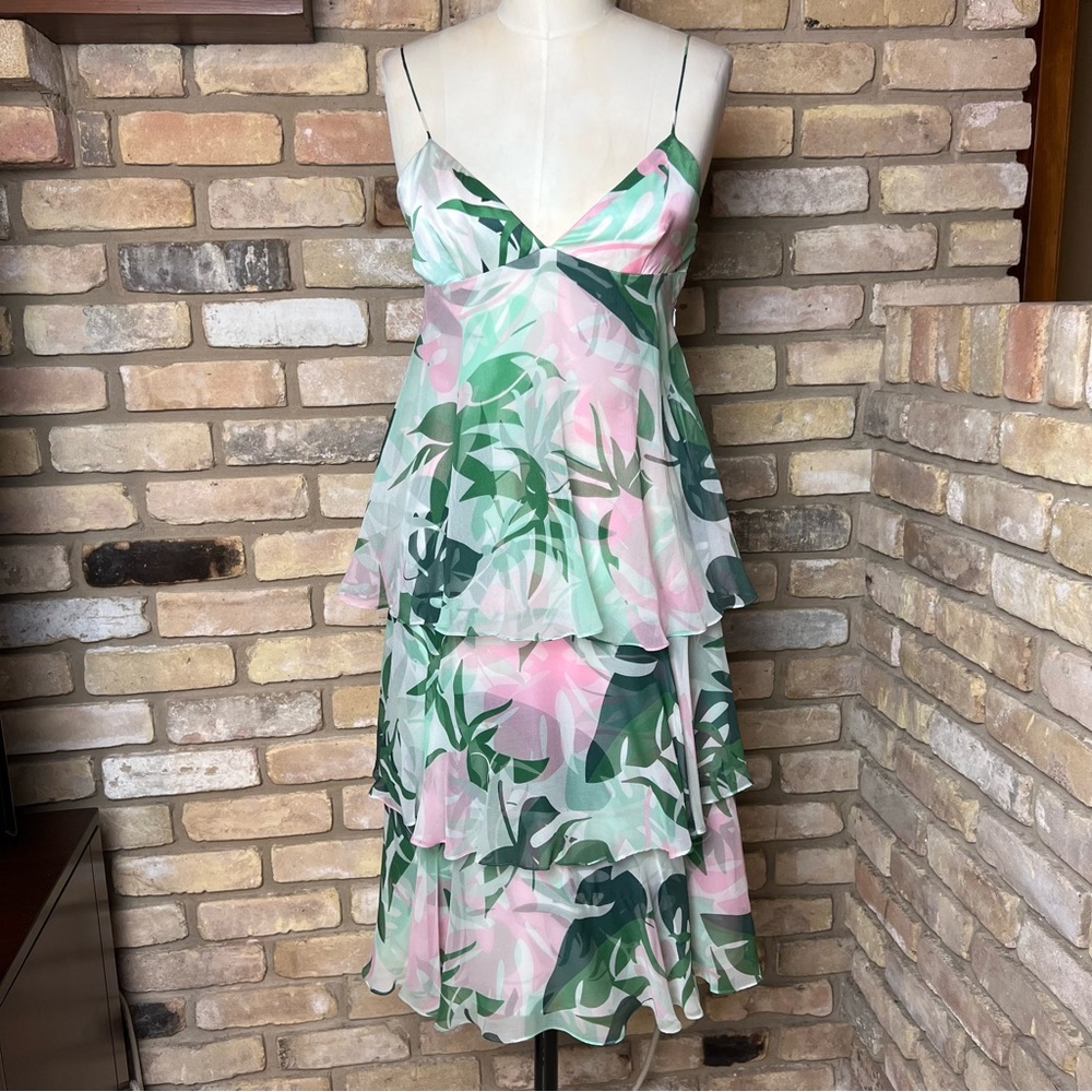 TIBI pink green white palm leaf print silk chiffon tiered dress